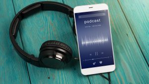 Listen podcast online concept - online music player app on smartphone Listen music online concept online music player app on smartphone